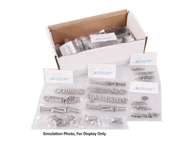 MASTER BODY HARDWARE KIT, Stainless, features hex head bolts, incl hardware for battery box, bumper, cowl cover, door hinges, door jamb, door latch, door sills, front and inner fenders, front lens and side marker light, head light bezels, interior, outsid