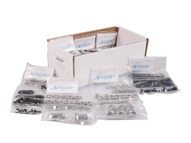 MASTER BODY HARDWARE KIT, Stainless, features indented hex head bolts (original style w/o markings) w/ black finish (where applicable), incl hardware for battery box, cowl, door hinges, door jamb, front bumper, front and inner fenders, hood hinges, hood c