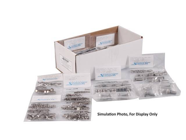 MASTER BODY HARDWARE KIT, Stainless, features hex head bolts, incl hardware for battery box, cowl, door hinges, door jamb, front bumper, front and inner fenders, hood hinges, hood catch and latch, interior, master cylinder, radiator support and shroud, se