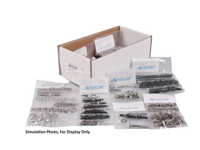 MASTER BODY HARDWARE KIT, Stainless, features button and socket head bolts, incl hardware for battery box, cowl, door hinges, door jamb, front bumper, front and inner fenders, hood hinges, hood catch and latch, interior, radiator support and shroud, seat 
