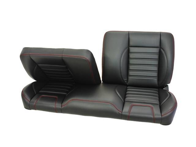 COMPLETE BENCH SEAT, TMI Pro-Split Back, Sport Series, Low Back w/o headrest, black madrid grain vinyl w/ red contrast stitching, universal style cover, all new metal frame allows for reclining and sliding, 26 1/2 inches tall (mounting track adds 2 inches
