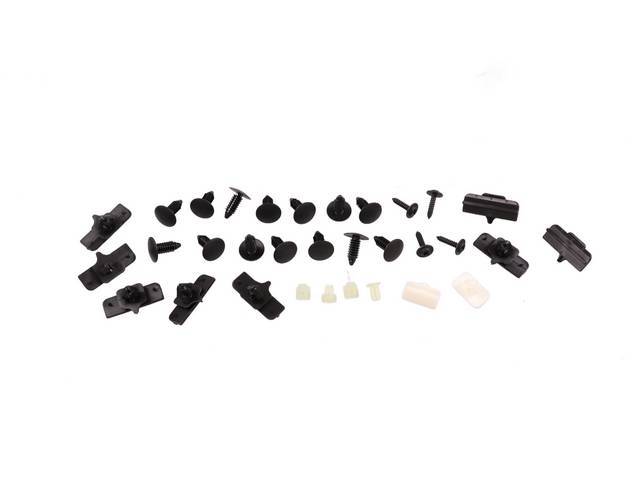 Mounting Kit, Rocker Panel Molding, Complete, Incl (8) Larger Size Body Clips, (2) Medium Size Body Clips, (14) Medium Size Push Pins, (4) Square Nylon Mounting Nuts, (4) Correct Mounting Screws, Does Both Sides 