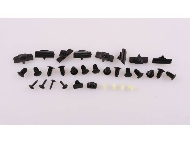 Mounting Kit, Rocker Panel Molding, Complete, Incl (8) Larger Size Body Clips, (2) Small Size Body Clips, (14) Larger Push Pins, (4) Square Nylon Mounting Nuts, (4) Correct Mounting Screws, Does Both Sides