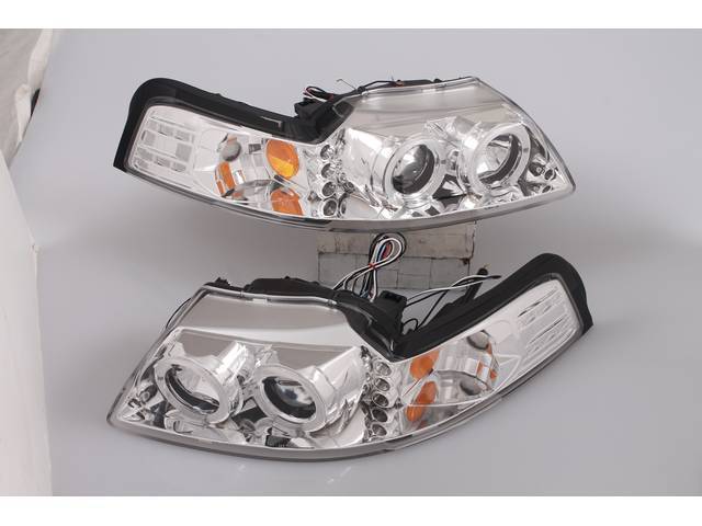 Head Light Set, Halo Led Projector Design, Clear Lenses W/ Chrome Housing, Dual Halo W/ Led Projector Lights W/ Amber Reflector