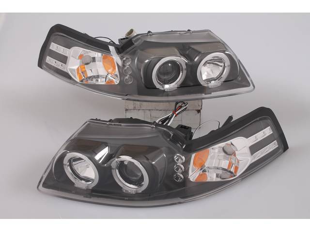 Head Light Set, Halo Led Projector Design, Clear Lenses W/ Black Housing, Dual Halo W/ Led Projector Lights W/ Amber Reflector