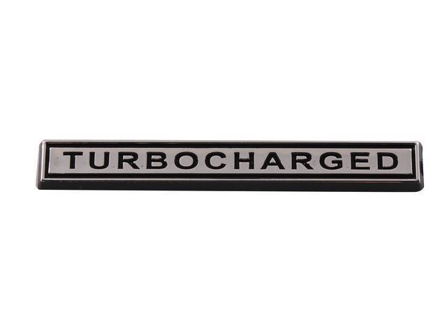 Ornament, Fender / Trunk Lid, Tubrocharged, In Plastic, Black Plastic Lettering W/ Chrome Accents, 4 Inches Long
