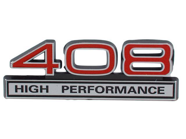 Ornament, Fender / Trunk Lid, 408 High Performance, In Plastic, Black Plastic W/ Chrome And Red Insert