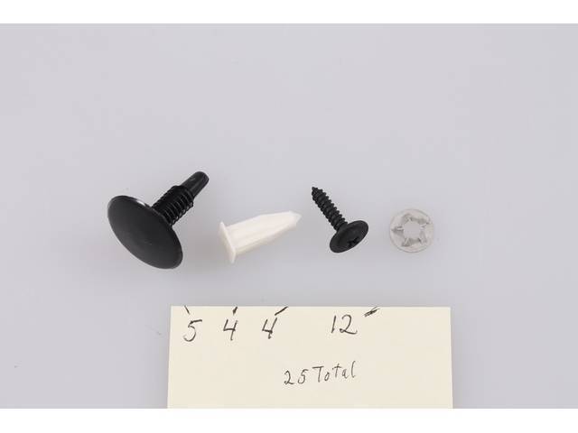 Mounting Kit, Rear Bumper Cover, Incl (5) Correct Style Push Pins, (4) Correct Style Mounting Screws, (12) Correct Style Mounting Nuts