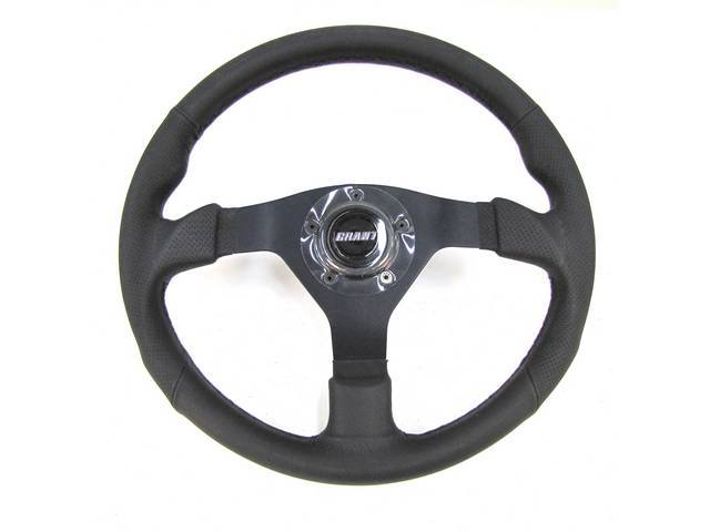 Steering Wheel, Grant Signature, 3 Spoke Corsa Gt Model, Black Leather W/ Black Anodized Aluminum Spokes, 13 3/4 Inch Diamter, 3 3/4 Inch Dish, Repro