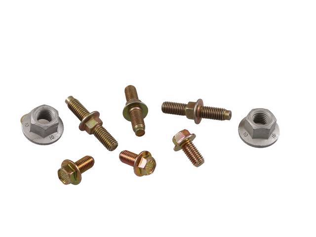 Mounting Kit, Motor Mount, Complete, Incl (2) Correct Style Motor Mount To Frame Nuts, (3) Correct Motor Mount To Engine Block Bolts, (3) Correct Motor Mount To Engine Block Studs, Repro