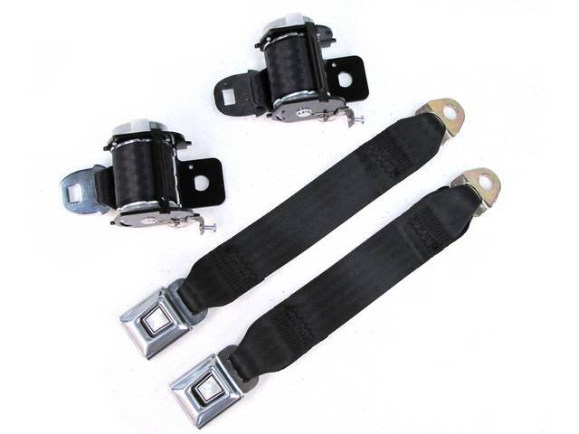 Seat Belt Set, Rear Seat, Black, Incl (2) Buckle Assy, (2) Retractors And Belts, Must Reuse Original Retractor Cover And Buckle Sleeve, Repro