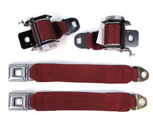 Seat Belt Set, Rear Seat, Canyon Red, Incl (2) Buckle Assy, (2) Retractors And Belts, Must Reuse Original Retractor Cover And Buckle Sleeve, Repro