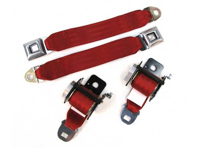 Seat Belt Set, Rear Seat, Scarlet Red, Incl (2) Buckle Assy, (2) Retractors And Belts, Must Reuse Original Retractor Cover And Buckle Sleeve, Repro