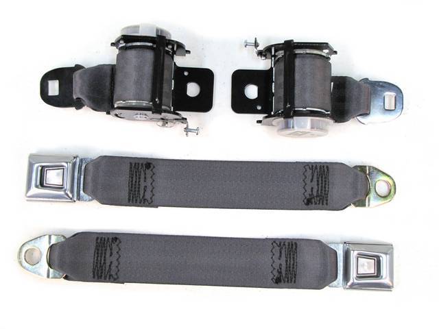 Seat Belt Set, Rear Seat, Charcoal Gray, Incl (2) Buckle Assy, (2) Retractors And Belts, Must Reuse Original Retractor Cover And Buckle Sleeve, Repro
