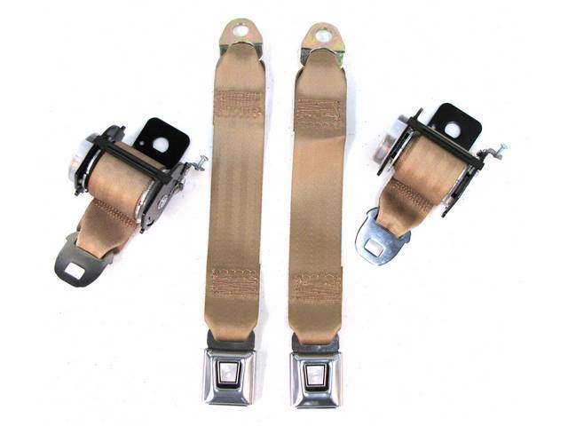 Seat Belt Set, Rear Seat, Tan, Incl (2) Buckle Assy, (2) Retractors And Belts, Must Reuse Original Retractor Cover And Buckle Sleeve, Repro