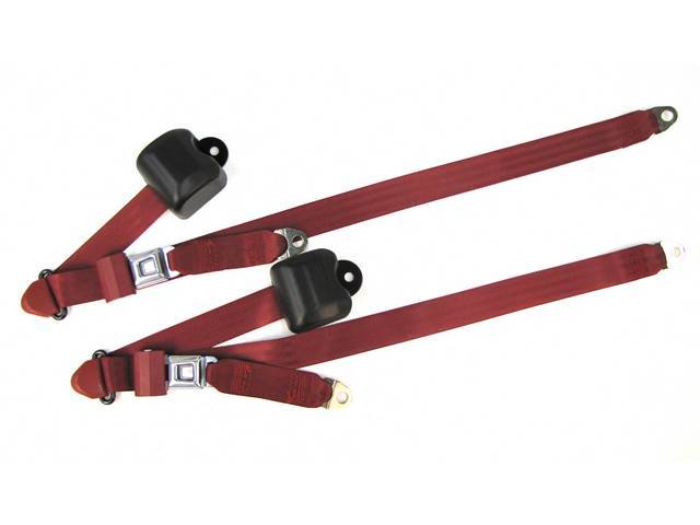 Seat Belt Set, Front Buckets, Canyon Red, Incl (2) Buckle Assy, (2) Retractors And Belts, Does Not Incl Electric Connections, Repro