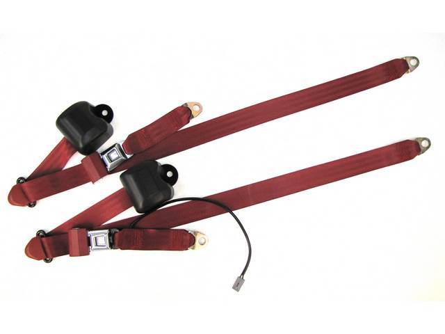 Seat Belt Set, Front Buckets, Canyon Red, Incl (2) Buckle Assy, (2) Retractors And Belts, Incl Electric Connections, Repro