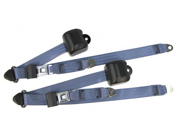 Seat Belt Set, Front Buckets, Regatta Blue, Incl (2) Buckle Assy, (2) Retractors And Belts, Does Not Incl Electric Connections, Repro