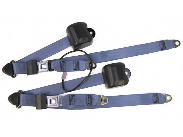 Seat Belt Set, Front Buckets, Regatta Blue, Incl (2) Buckle Assy, (2) Retractors And Belts, Incl Electric Connections, Repro