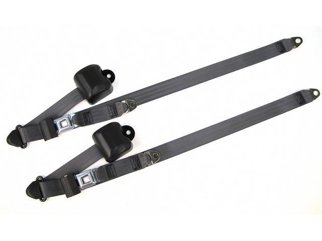 Seat Belt Set, Front Buckets, Charcoal Gray, Incl (2) Buckle Assy, (2) Retractors And Belts, Does Not Incl Electric Connections, Repro