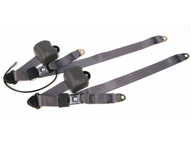 Seat Belt Set, Front Buckets, Smoke Gray, Incl (2) Buckle Assy, (2) Retractors And Belts, Incl Electric Connections, Repro