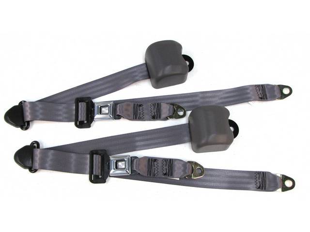 Seat Belt Set, Front Buckets, Opal Gray, Incl (2) Buckle Assy, (2) Retractors And Belts, Does Not Incl Electric Connections, Repro