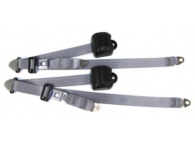 Seat Belt Set, Front Buckets, Titanium Gray, Incl (2) Buckle Assy, (2) Retractors And Belts, Does Not Incl Electric Connections, Repro