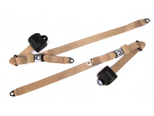 Seat Belt Set, Front Buckets, Tan, Incl (2) Buckle Assy, (2) Retractors And Belts, Does Not Incl Electric Connections, Repro
