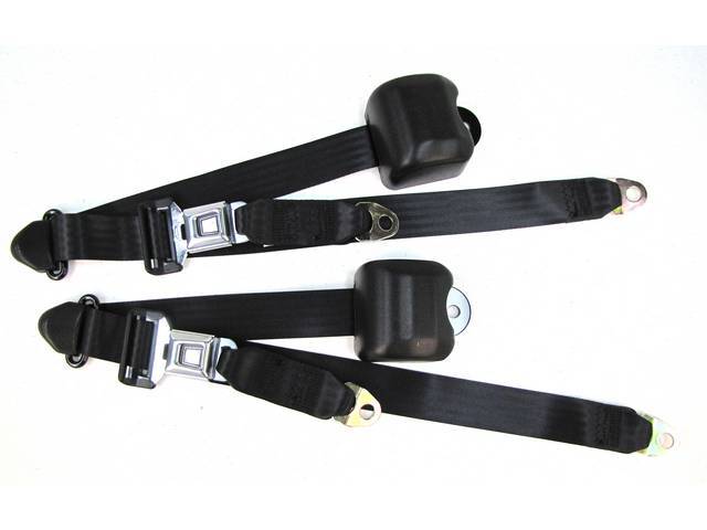 Seat Belt Set, Front Buckets, Black, Incl (2) Buckle Assy, (2) Retractors And Belts, Does Not Incl Electric Connections, Repro