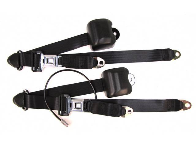 Seat Belt Set, Front Buckets, Black, Incl (2) Buckle Assy, (2) Retractors And Belts, Incl Electric Connections, Repro
