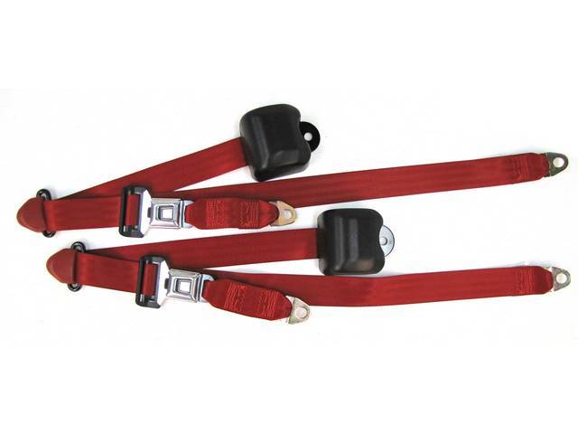 Seat Belt Set, Front Buckets, Scarlet Red, Incl (2) Buckle Assy, (2) Retractors And Belts, Does Not Incl Electric Connections, Repro