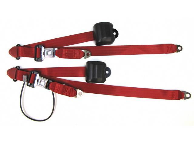Seat Belt Set, Front Buckets, Scarlet Red, Incl (2) Buckle Assy, (2) Retractors And Belts, Incl Electric Connections, Repro