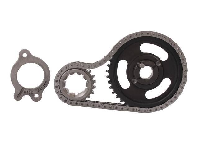 Timing Chain Set, Double Roller, Ford Racing, W/ Cast Iron Cam Sprocket, Incl Crank Sprocket, Camshaft Gear, Timing Chain, Camshaft Thrust Plate And Dowel Pin