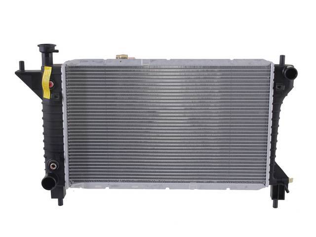 Radiator, Oe Style, Cross Flow, Plastic / Aluminum Construction, 24 Inch X 14 7/8 Inch X 1 Inch, 1 Row, Inlet 1 1/2 Inch Rh, Outlet 1 3/4 Inch Lh, W/ Trans Cooler, Repro