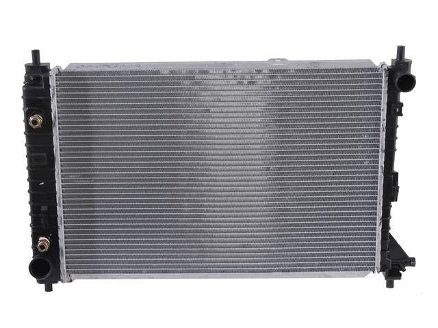 Radiator, Oe Style, Cross Flow, Plastic / Aluminum Construction, 25 Inch X 16 13/16 Inch X 1 Inch, 1 Row, Inlet 1 1/2 Inch Rh, Outlet 1 3/4 Inch Lh, W/ Trans Cooler, Repro