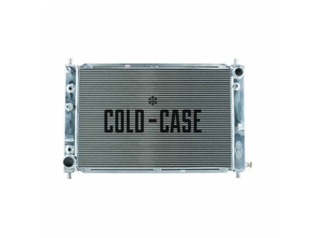 Radiator, Aluminum, 2 Row, Cold Case, Designed To Replace Factory Plastic Side Tanks,  28 Inch Stud To Stud, 3 Inch Thickness, 1 1/2 Inch Rh Inlet, 1 3/4 Inch Lh Outlet, 8 1/2 Inch Transmission Cooler, Oe Style Mounting