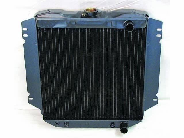 Radiator, Oe Style, Down Flow, Black Finish, Copper / Brass Construction, 16 1/2 Inch X 17 1/4 Inch X 1 1/4 Inch, 2 Row, Inlet 1 1/4 Inch Rh, Outlet 1 1/4 Inch Rh, Side Mount, W/ 8 Inch Trans Cooler, Repro
