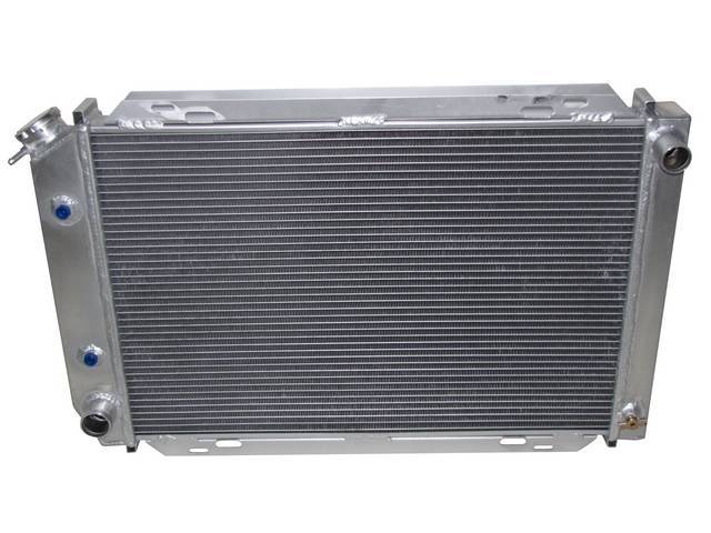Radiator, Aluminum, 2 Row, 29 1/4 X 19 1/4 X 2 1/2 Inch, 1 1/4 Inch Rh Inlet, 1 1/2 Inch Lh Outlet, 8 1/2 Inch Transmission Cooler, Saddle Mount, Incl 16 Lb Cap, Repro