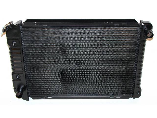 Radiator, Oe Style, Cross Flow, Black Finish, Copper / Brass Construction, 24 1/2 Inch X 17 3/4 Inch X 1 1/4 Inch, 2 Row, Inlet 1 1/4 Inch Rh, Outlet 1 1/2 Inch Lh, Saddle Mount, W/ 8 Inch Trans Cooler, Repro