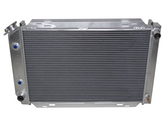 Radiator, Aluminum, 3 Row, 29 1/4 X 19 1/4 X 2 3/4 Inch, 1 1/4 Inch Rh Inlet, 1 1/2 Inch Lh Outlet, 8 1/2 Inch Transmission Cooler, Saddle Mount, Incl 16 Lb Cap, Repro
