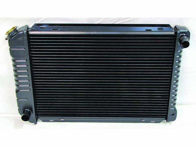 Radiator, Oe Style, Cross Flow, Black Finish, Copper / Brass Construction, 24 1/2 Inch X 17 3/4 Inch X 1 1/4 Inch, 2 Row, Inlet 1 1/4 Inch Rh, Outlet 1 1/2 Inch Lh, Saddle Mount, Repro