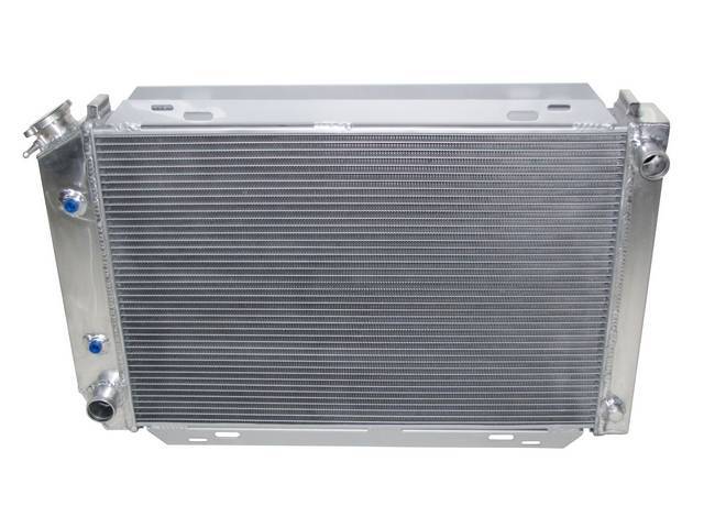 Radiator, Aluminum, 4 Row, 29 1/4 X 19 1/4 X 3 Inch, 1 1/4 Inch Rh Inlet, 1 1/2 Inch Lh Outlet, 8 1/2 Inch Transmission Cooler, Saddle Mount, Incl 16 Lb Cap, W/ Fully Polished Side Tanks, Repro
