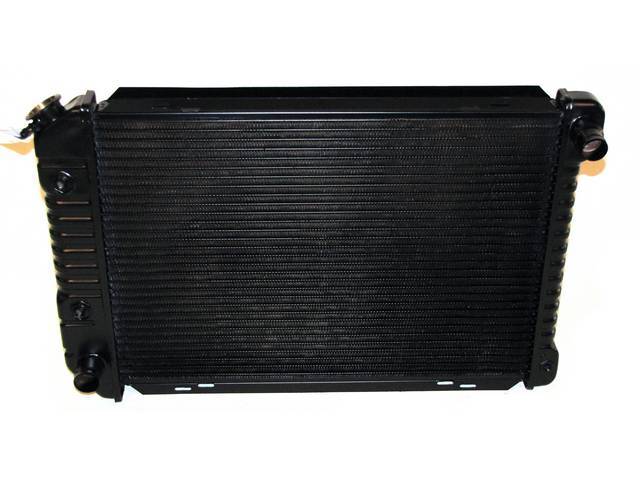 Radiator, Oe Style, Cross Flow, Black Finish, Copper / Brass Construction, 24 1/2 Inch X 17 3/4 Inch X 1 1/4 Inch, 2 Row, Inlet 1 1/4 Inch Rh, Outlet 1 1/2 Inch Lh, Saddle Mount, W/ 8 Inch Trans Cooler, Repro