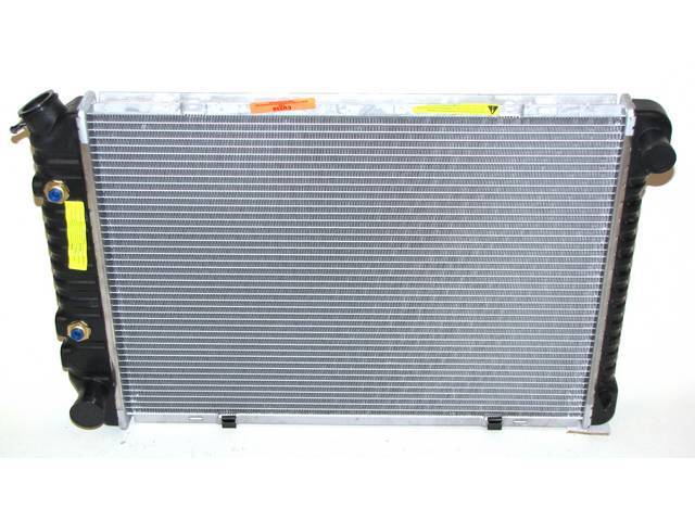 Radiator, Cross Flow, Aluminum W/ Plastic Side Tanks,  24 1/2 Inch X 18 Inch X 1 1/4 Inch, 1 Row, Inlet 1 1/4 Inch Rh, Outlet 1 1/2 Inch Lh, Cradle Mount, 8 Inch Trans Cooler, Repro