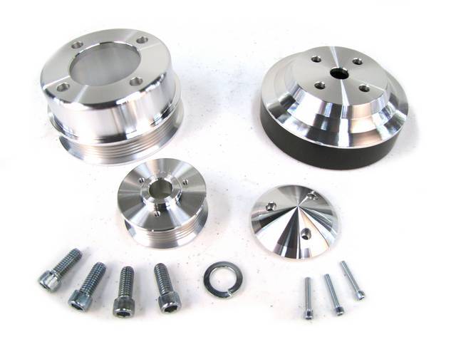 Pulley Kit, March Performance Underdrive, Billet Aluminum, Clear Powdercoated, (3) Piece Set, Incl Water Pump Pulley, Crank Pulley, Alternator Pulley, Designed To Work W/ Stock Damper Assemblies, Repro