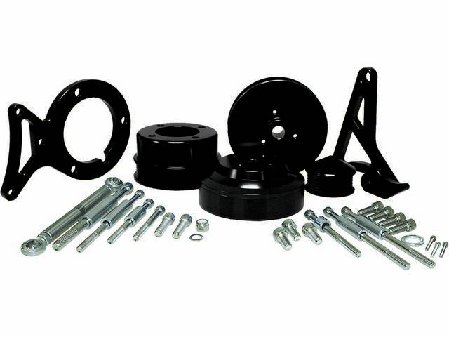 Bracket And Pulley Kit, Complete, Black, Incl Power Steering Pulley, Water Pump, Alternator And Crankshaft, Incl All Mounting Brackets And Hardware,Repro