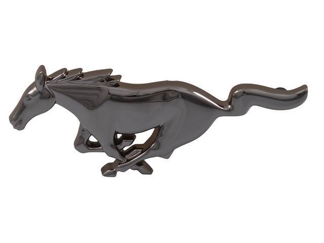 Ornament, Grille Panel, *Running Horse*, Smoke Black Chrome, Incl Push Retainers, Exact Repro Of Original