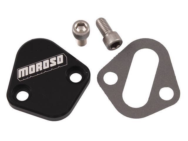 Block Off Plate, Fuel Pump, Moroso, Billet Aluminum, Incl Gasket And Stainless Steel Socket Screws,  Designed To Block Off Fuel Pump Mounting Boss When Mechanical Fuel Pump Is Not Used