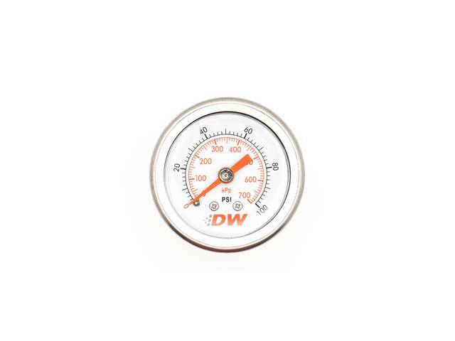 Gauge, Mechanical Fuel Pressure, Deatschwerks, 0-100 Psi Style, White Face, 1 1/2 Inch Diameter, 1/8 Inch Npt Fitting, Designed To Work With Aftermarket Style Fuel Pressure Regulators That Use A 1/8 Inch Npt Fitting Size