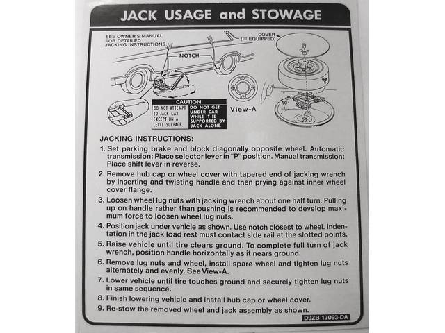 Decal, Jack Instructions, W/ Id Code *D9zb-Ba*, Repro